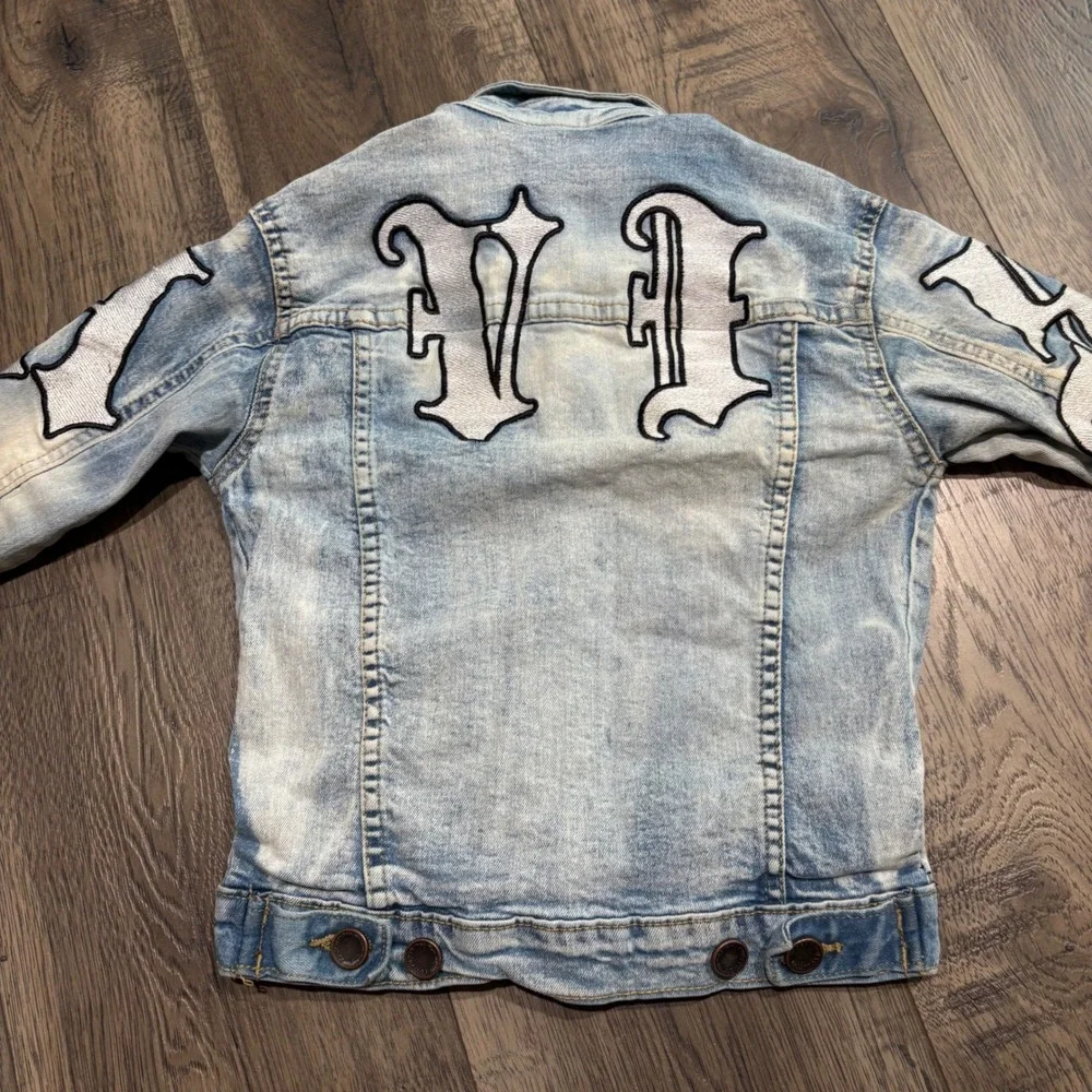 Evolution In Design‎ Denim Jacket Kids Size 5 Blue Gothic Patch Distressed